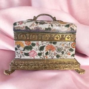 Vintage Porcelain Chinese Ornamental Box w/ Brass Engraved Accents and Frame - Picture 1 of 24