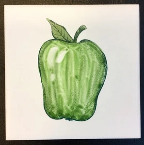 Vintage grüner Granny Smith Apfel Fliesendruck Keramik Plakette USA Küche Obst - Bild 1 von 8