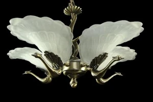 FRENCH ART DECO SLIP SHADE GLASS BRASS PEACOCK BIRD LIGHT FIXTURE CHANDELIER VTG - Picture 1 of 9