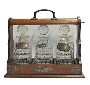 Antico decanter per liquori rovere bar tantalio serratura e chiave 3 bottiglie custodia - Foto 1 di 24