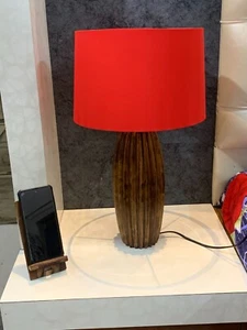 Wooden Pineapple Shape Table Lamp – Warm Glow + Red Shade | Coastal Decor - Picture 1 of 17