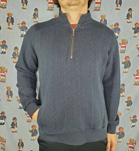 Orvis Navy 1/4 Zip Pullover Cableknit Sweater w/ Elbow Patches & Pockets Large - Bild 1 von 7