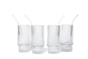 Premium Ribbed Drinking Glass Cups with glass Straws, Stackable 4 PACK, 11 OZ - Picture 1 of 3