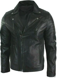 Nueva Chaqueta Para Hombre Bomber Biker Vintage Negra Cuero Genuino Calce Ajustado XS-3XL B52 - Imagen 1 de 5
