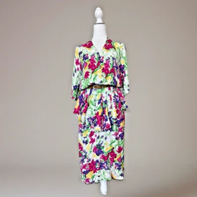 Vestido Vintage Años 80 Jackie Bernard Eclektic Floral Peplum 12 Espalda Abierta Cottage EE. UU. Foto 1 de 4