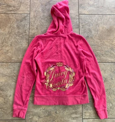 Juicy Couture Terciopelo Cremallera Completa Sudadera con Capucha Rosa Medio Y2K Estrás Chaqueta de Pista Foto 1 de 4