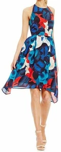 ANTONIO MELANI SILK FLORAL PRINT ROUGE & PERSIAN BLUE Size 8 - Picture 1 of 9