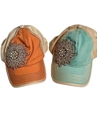 OLIVE & PIQUE Women's Floral Designed Rhinestone Adjustable Baseball Hats / Caps - Image 1 of 4
