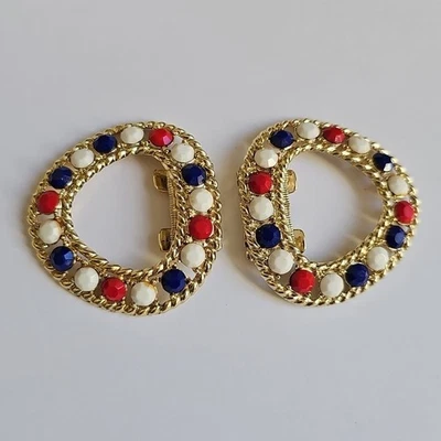 Pinzas para zapatos de vidrio vintage Juliana D&E rojo, blanco y azul tono dorado raras Foto 1 de 4