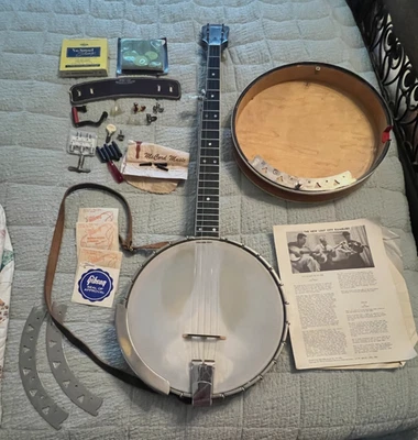 VINTAGE VEGA MODEL WONDER BANJO W/CASE, PICKS, BOOKS, HARD BACK COVER, AND MORE - Image 1 of 4