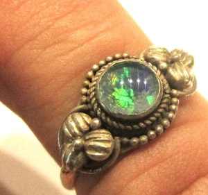 STERLING SILVER OLD VINTAGE GOTHIC FLOWER RING SET WITH OPAL SIZE L - Picture 1 of 2