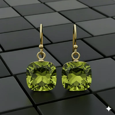 Peridot Cushion Earrings, 925 Sterling Silver Gemstone Elegant Gold Fill Jewelry - Image 1 of 3
