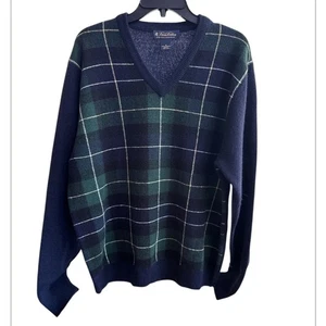 Vintage Brooks Brothers V-neck 100% Lambswool Scottish Lambswool sweater plaid M - Picture 1 of 9