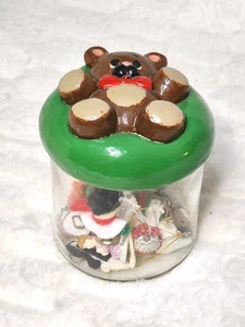 Vintage Christmas Teddy Bear Topped Glass Jar Filled With Tiny Vintage Ornaments - Picture 1 of 9