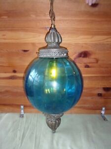 Vintage Mid-Century Blue Glass Hanging Swag Lamp Globe Pendant Light Chandelier 