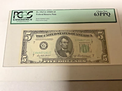 1950B $5 Federal Reserve Note ~ PCGS 63 PPQ ~ CHICAGO~ Fr 1963-G - Image 1 of 3