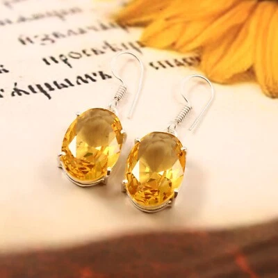 Pendientes enchapados en plata con piedras preciosas ovaladas de cuarzo citrino joyería 1,25" Foto 1 de 3