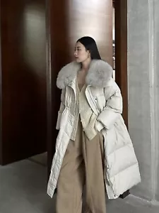 Winter Womens Real Fox Fur Collar Down Jackets Long Coat Overcoat Loose Fit Warm - Picture 1 of 26