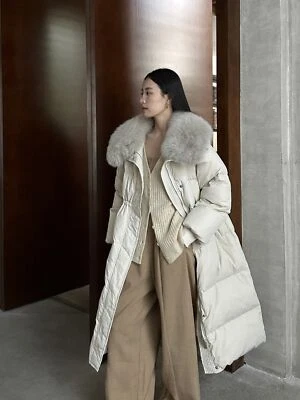 Winter Womens Real Fox Fur Collar Down Jackets Long Coat Overcoat Loose Fit Warm - Image 1 of 4