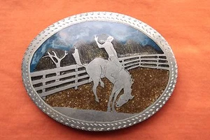 Vintage Hand Made Cowboy Horse Rodeo Ranch Scene Inlay Western Belt Buckle - Picture 1 of 5