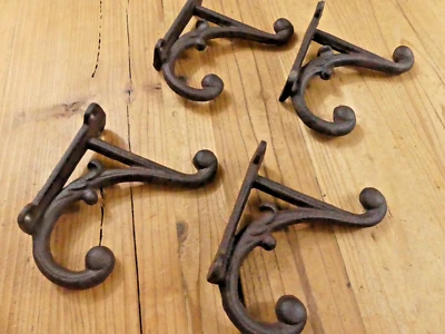 4 BROWN RUSTIC COAT HOOKS ANTIQUE STYLE CAST IRON 4.5" WALL DOUBLE RESTORATION ! - Image 1 of 4