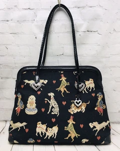 Brighton Vintage Black Tapestry Dog Motif Heart Shoulder Bag Tote Handbag Large - Picture 1 of 13