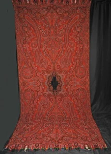 VICTORIAN JACQUARD WOVEN PAISLEY SHAWL, BLACK CENTER, 1860s - Picture 1 of 11