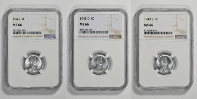 1943 P D S 1C Lincoln Steel Wheat Cent NGC MS 66 Three Coin Lot - Image 1 of 2