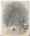 Used Vtg CHRISTMAS CARD-apx 4.75x6 Christmas Bells People Walking to Church