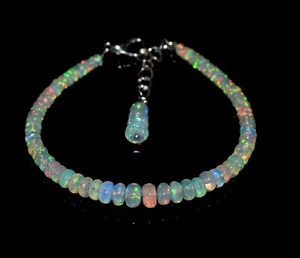 Natural Ethiopian Wello Fire Opal Gemstone Fire Beads 7.5"Bracelet F01781 - Picture 1 of 5