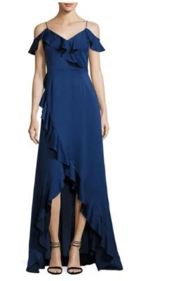 Aidan Mattox Off The Shoulder Flounce V Neckline  Gown Navy Dress 4 - Image 1 of 3