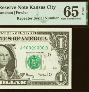 Billete de 1 dólar de la Reserva Federal 1963A PMG 65EPQ repetidor de lujo número de serie 90009000 - Imagen 1 de 3