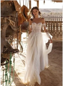 Wedding Dress Bohemian Boho Lace Tassel Sleeve Sweetheart Backless tulle beach - Picture 1 of 5