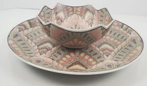 Toyo Rustica Decorative 10" Plate And 6" Bowl Art Deco Ceramic Pink Teal HF90-3  - Picture 1 of 12