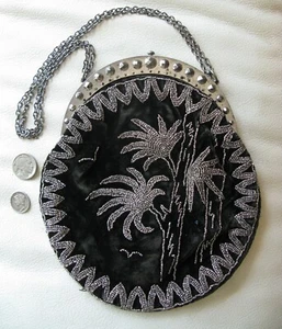 Antique Frame Black Velvet Floral Steel Micro Bead Chatelaine Kilt Purse 1890s - Picture 1 of 16