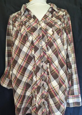 North Crest Mujer 2X Marrón Rosa Crema Cuadros Volantes Enrollo Pestaña Reunida Top 831-2 Foto 1 de 3