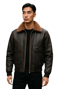 Herren Braun Leder Flieger Bomber Abnehmbarer Lammfellkragen G-1 Pilotenjacke - Bild 1 von 2