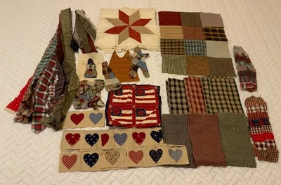 Quilting Fabric Lot Homespun, Pieces w/ Wonder Under, Strips of Squares, Stars - Image 1 of 4