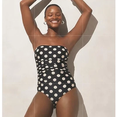 Traje de baño J.Crew Gemma acanalado bandeau de una pieza talla 4 negro crema polka elástico Foto 1 de 4