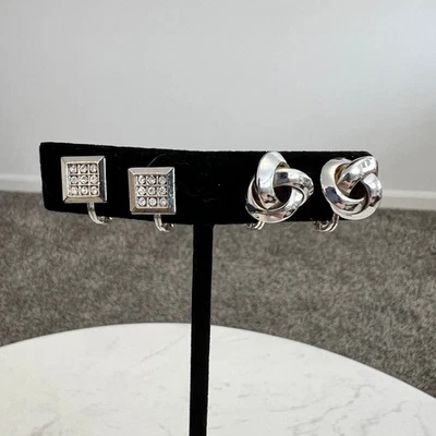 Pendientes de clip Pr of Monet tono plata cuadrado estrás nudo pavé de colección firmados Foto 1 de 4