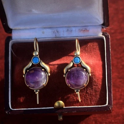 Ohrringe Klappbügel Golden Fassung Cz Blau Halber Perle Amethyst Violett SB9 - Bild 1 von 4