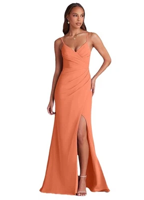 Azazie Sunset Coral Faux Wrap Maxi Formal Dress Sz 8 V-neck Bridesmaid Prom - Image 1 of 4