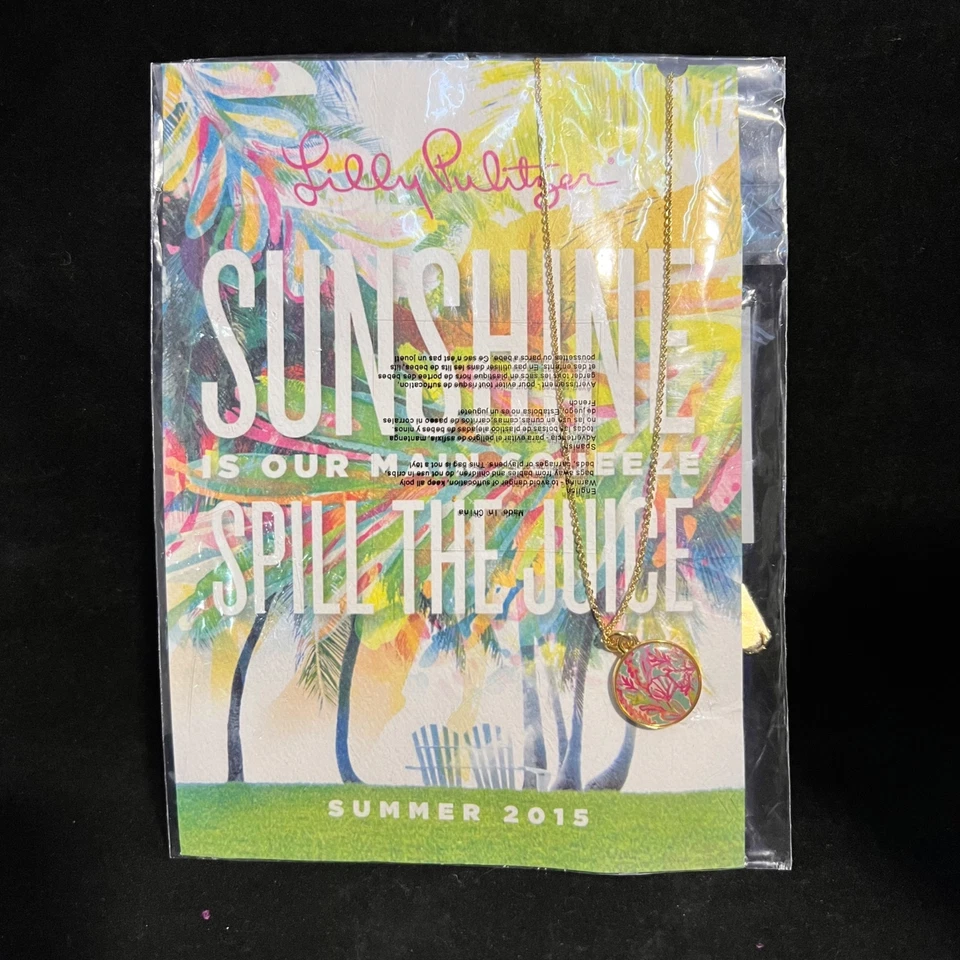 Lilly Pulitzer Gold Metallic Shorely Blue Scuba to Cuba Round Disc Necklace