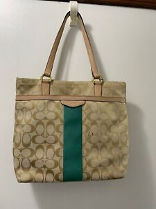 Coach Signature Handbag Canvas Shoulder Tote Purse with Green Strip