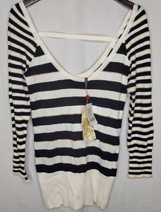 Guess Damen Strickpullover schwarz weiß gold metallic U-Ausschnitt gestreift LARGE - Bild 1 von 6