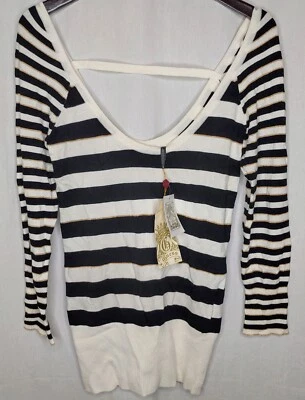 Suéter de punto a rayas con cuello redondo metálico dorado negro blanco negro Guess para mujer GRANDE Foto 1 de 4
