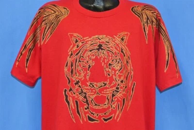 Camiseta vintage años 80 TIGRE ORO BRILLO JUNGLA GATO BRILLANTES HOJAS DE PALMA ROJA XL Foto 1 de 4