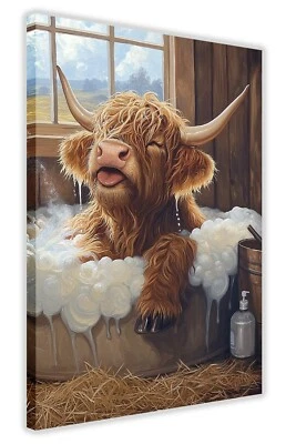 Cute Highland Cow Bath Time Barn Farm Home Decor Canvas Wall Art Picture Print - Image 1 of 4