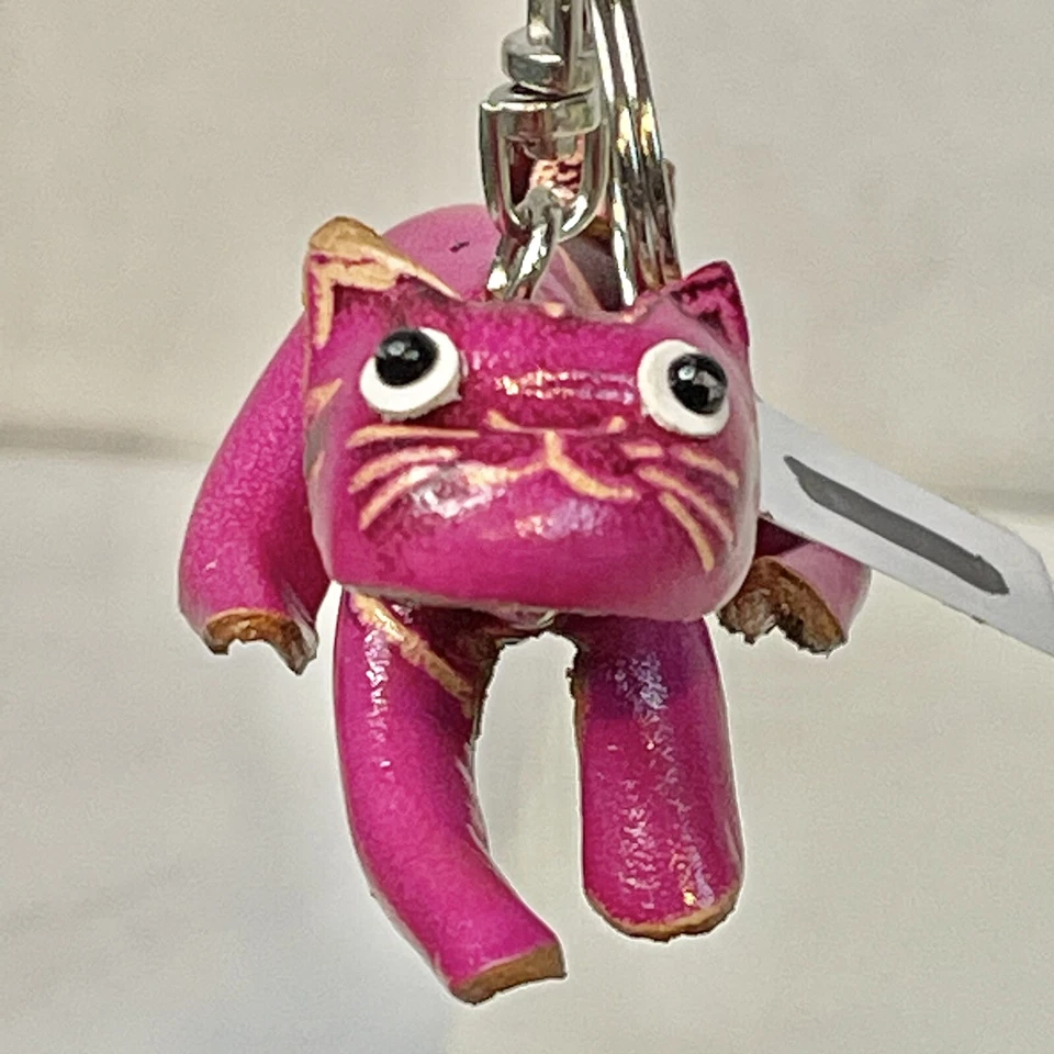 Leather Frog Keychain Handmade Decorated Green & Pink