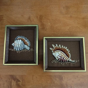 Pair of Vintage Shadow Box Framed Sea Shell Embroidered Yarn Art Pictures Beachy - Picture 1 of 14